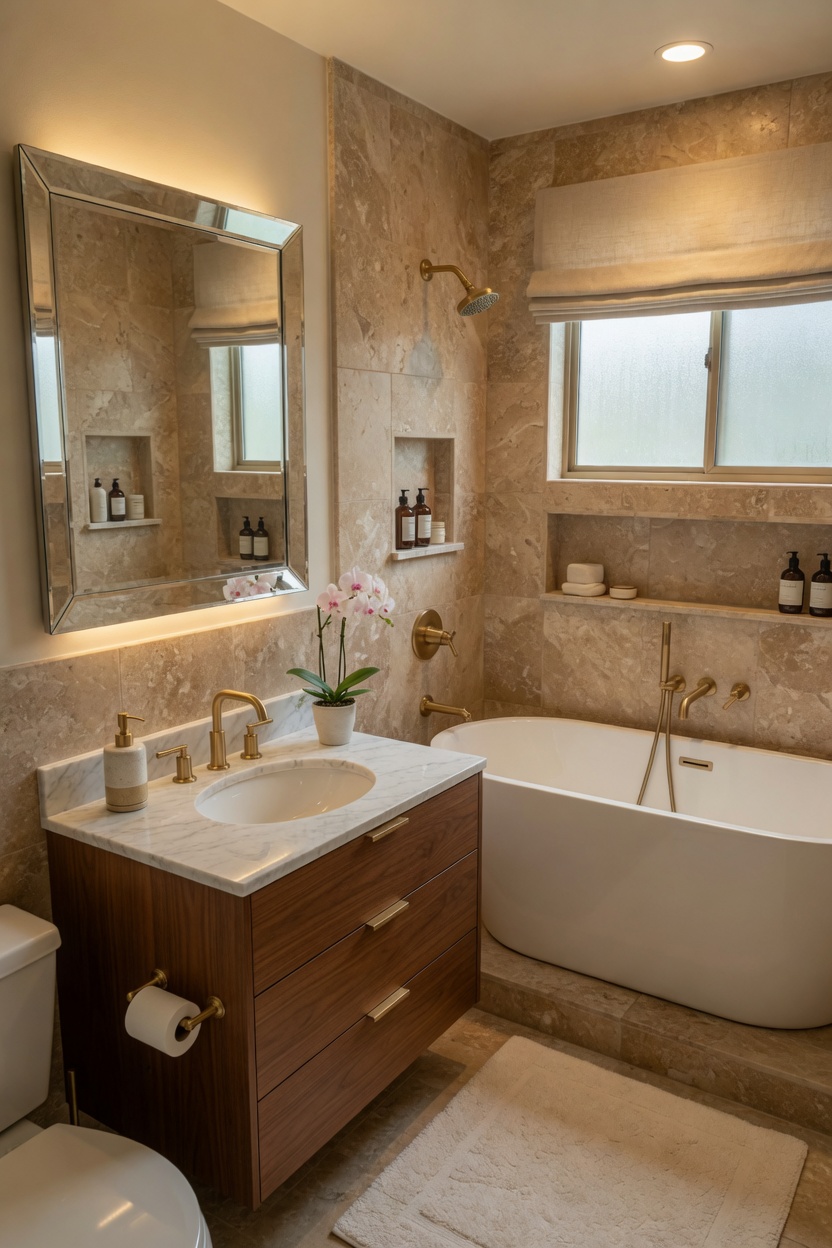 Bathroom transformed into a travertine spa
