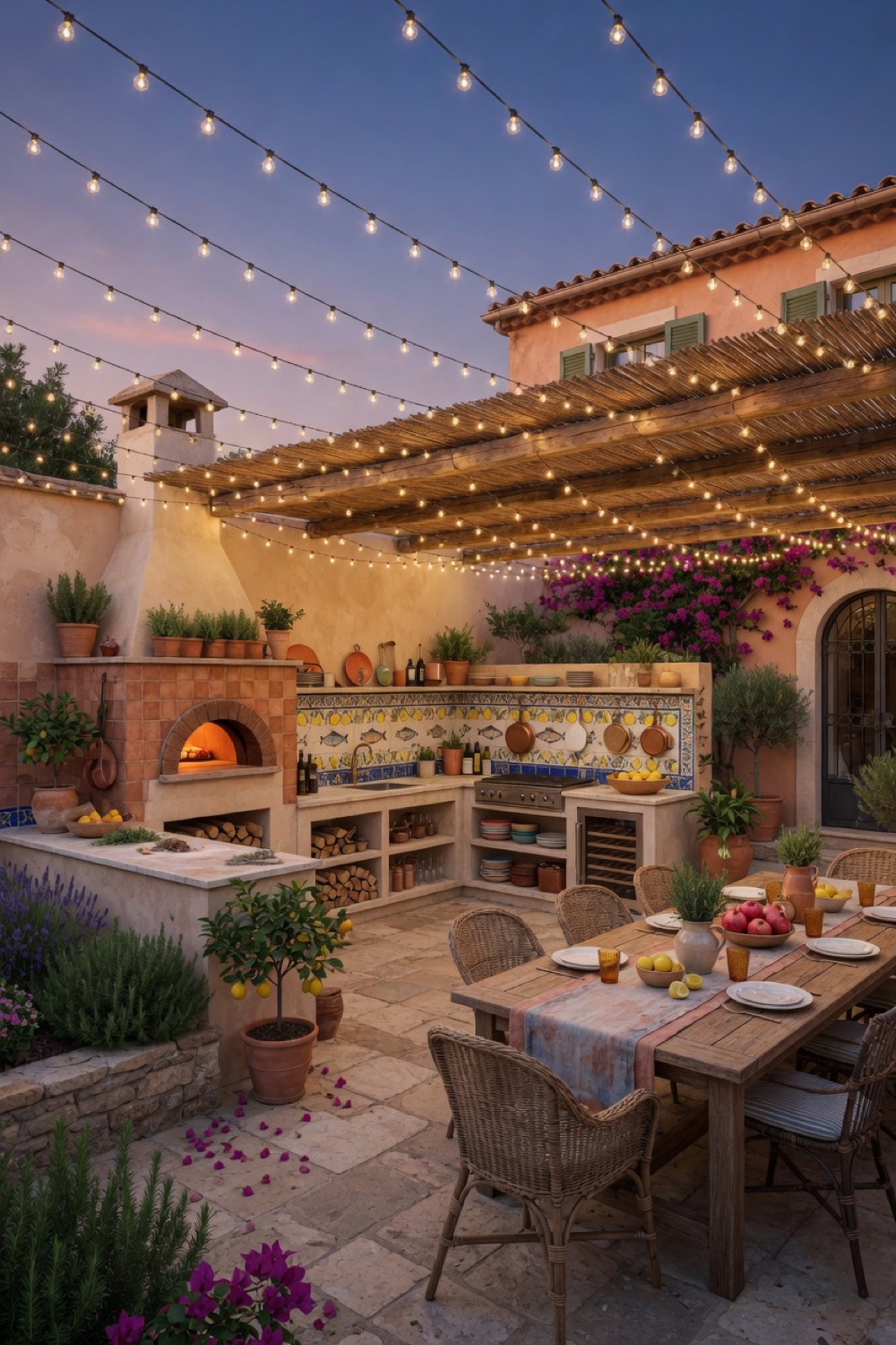 Courtyard transformed with a Mediterranean outdoor kitchen and dining garden