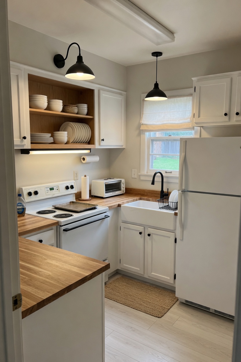 Bright modern farmhouse kitchen proposal with the original room viewpoint preserved