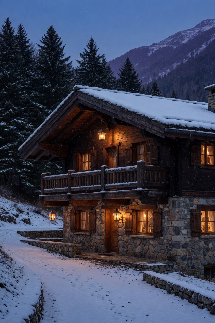 Alpine exterior reference at dusk
